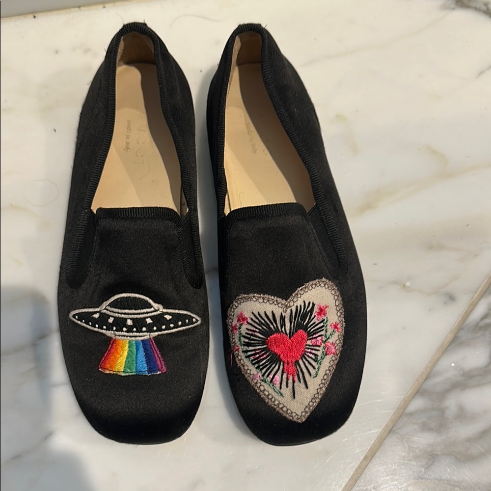 Embroidered Black Loafers